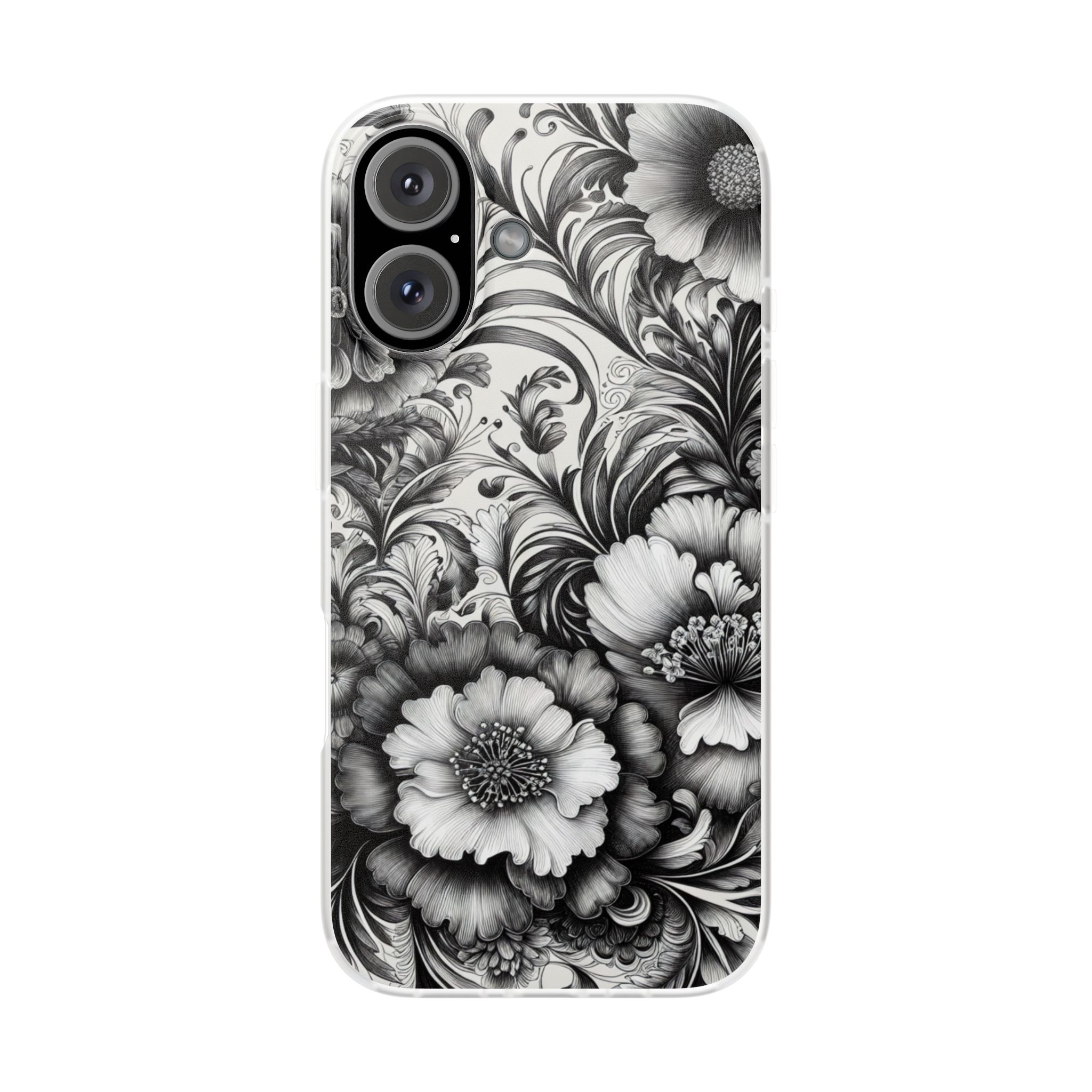 Black & White Floral Art Trendy Resistant Flexi Phone Back Case - Image 2