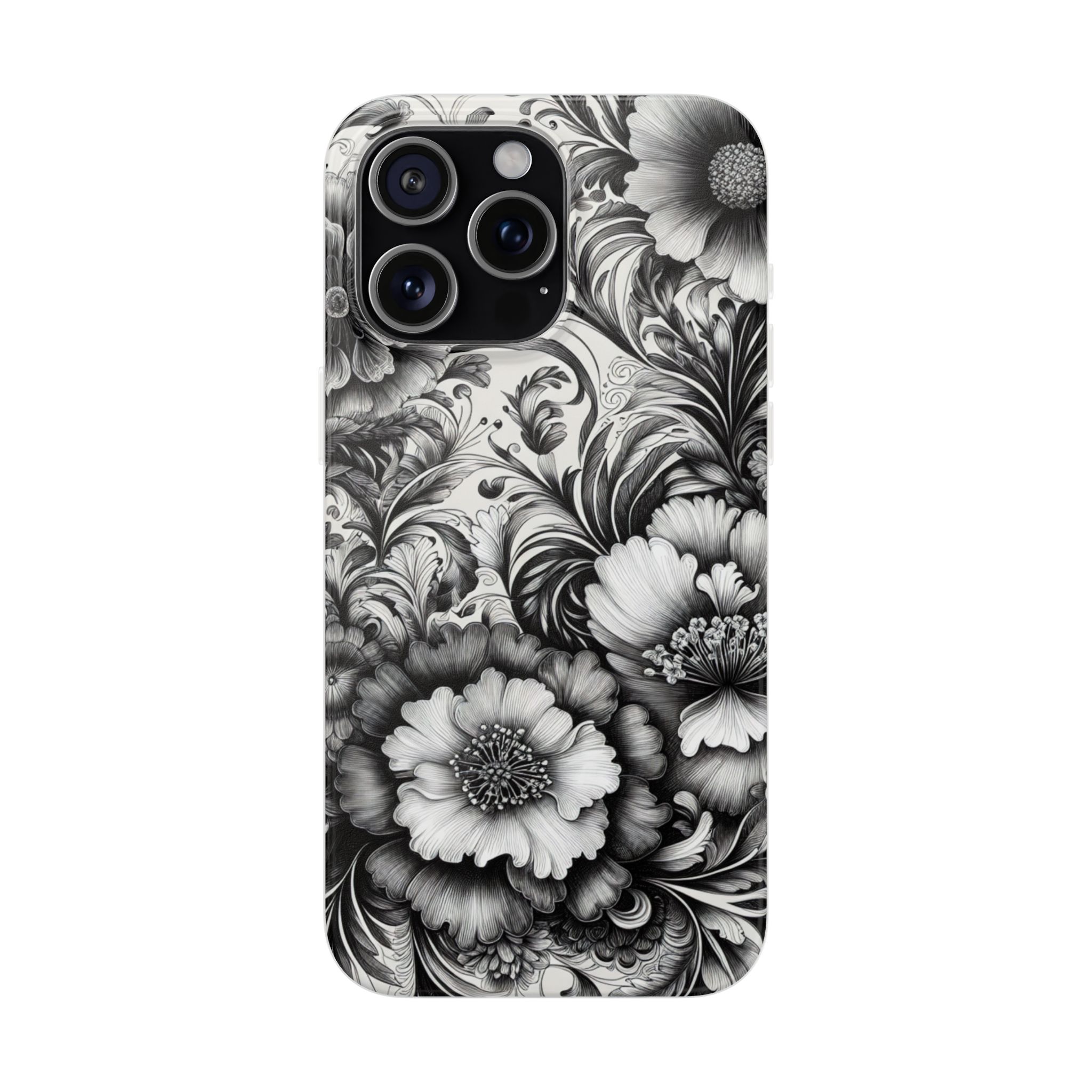 Black & White Floral Art Trendy Resistant Flexi Phone Back Case - Image 3