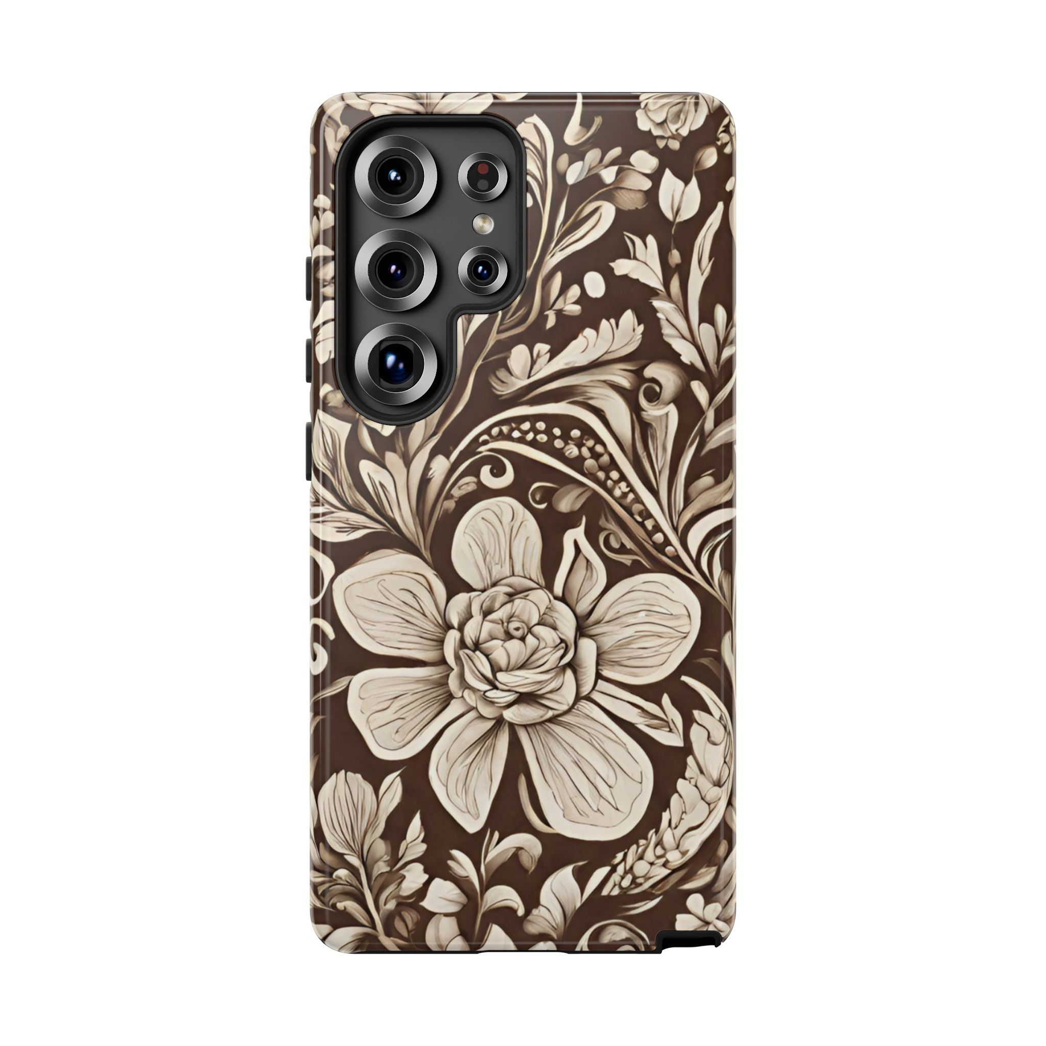 Brown Floral Artistic Tough Mobile Phone Case for iPhone, Samsung & Google Pixel